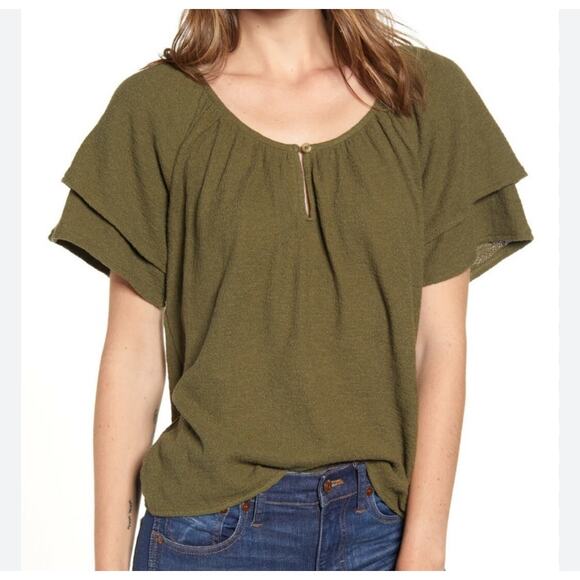 Madewell Olive Green Blouse Short Tiered Sleeve Boxy Comfort Cotton Fall 2X - Picture 1 of 11